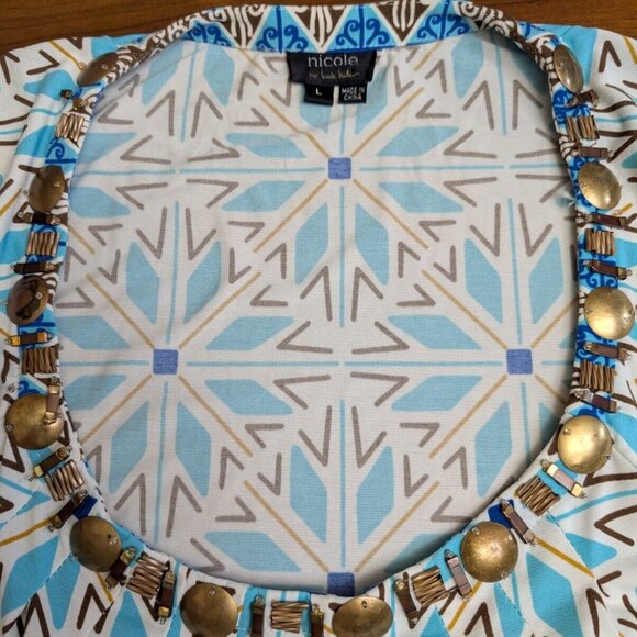 Nicole Miller Blue Boho Aztec Beaded Embellished Neck Floral Dress Large Ruffled - Picture 7 of 15